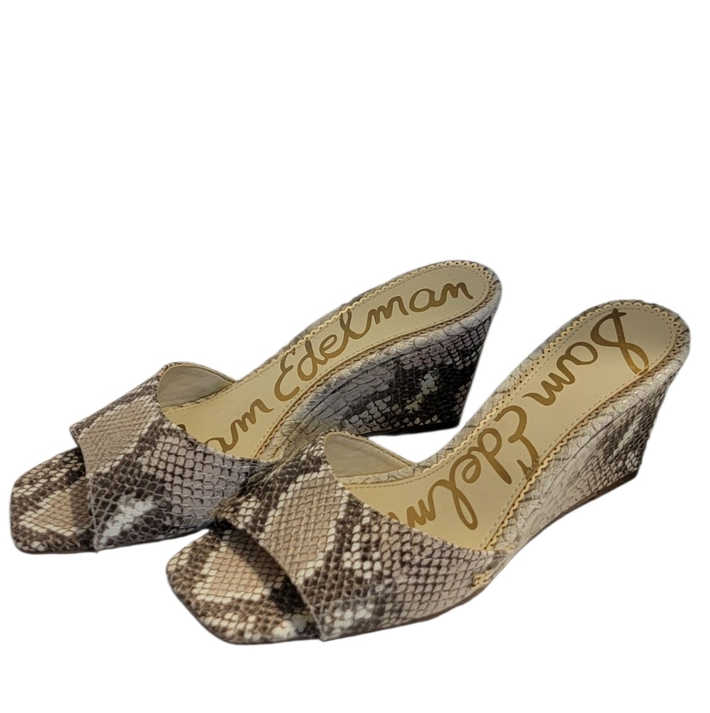 SAM EDELMAN Sz 6.5 Tesma Snakeprint Leather Wedge Slide Sandals Square Open-toe